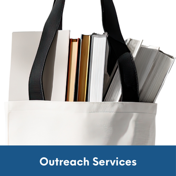 tote bag of books with text: Outreach services.