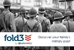 black and white photo of midcentury soldiers facing the background with text: Fold3. Discover your family's military past.