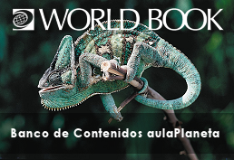 chameleon on a branch with text: World Book. Banco de Contenidos aulaPlaneta.