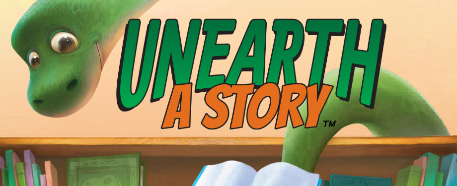 dinosaur holding a book looking over a bookshelf with text: Unearth a Story.