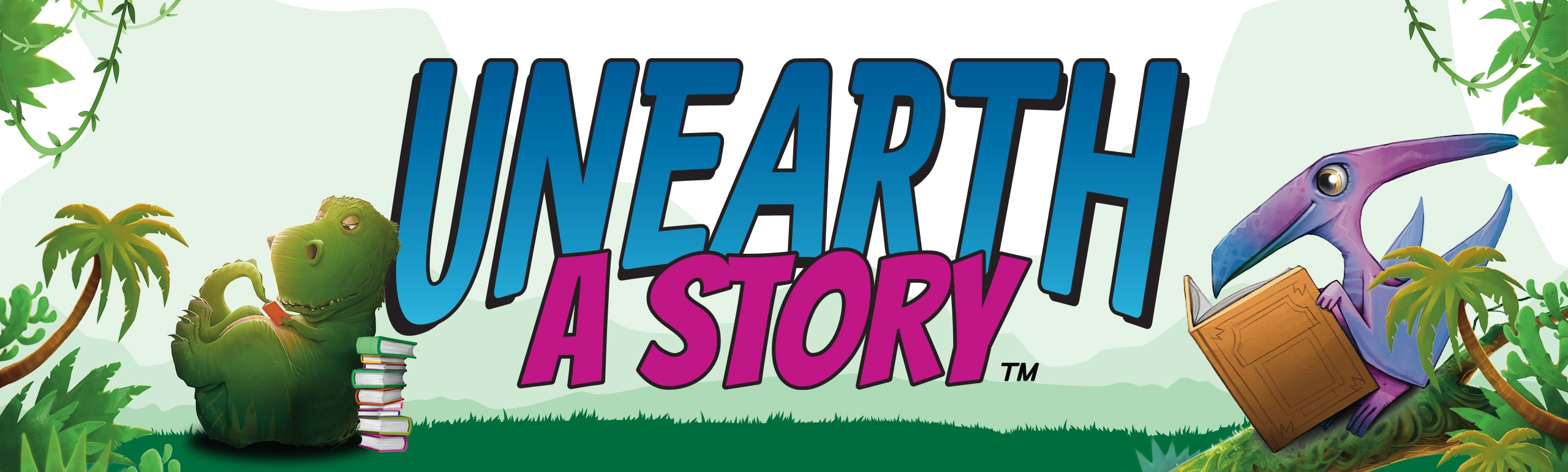 dinosaurs reading books with text: Unearth a Story