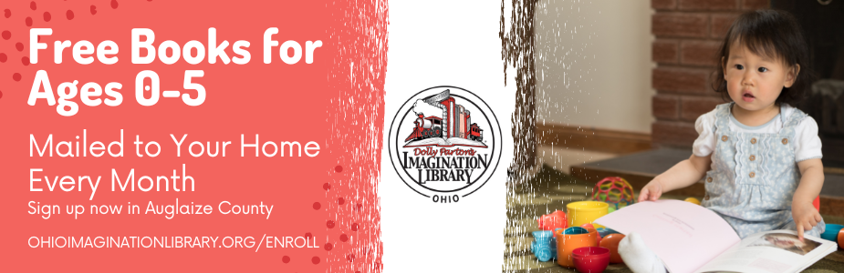 little girl reading book on floor next to toys with text: Free books for ages 0-5. Imagination Library