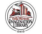train coming around a stack of books with text: Imagination Library for Ohio