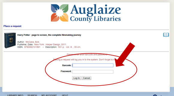 Catalog screenshot with the Barcode and Password boxes circled